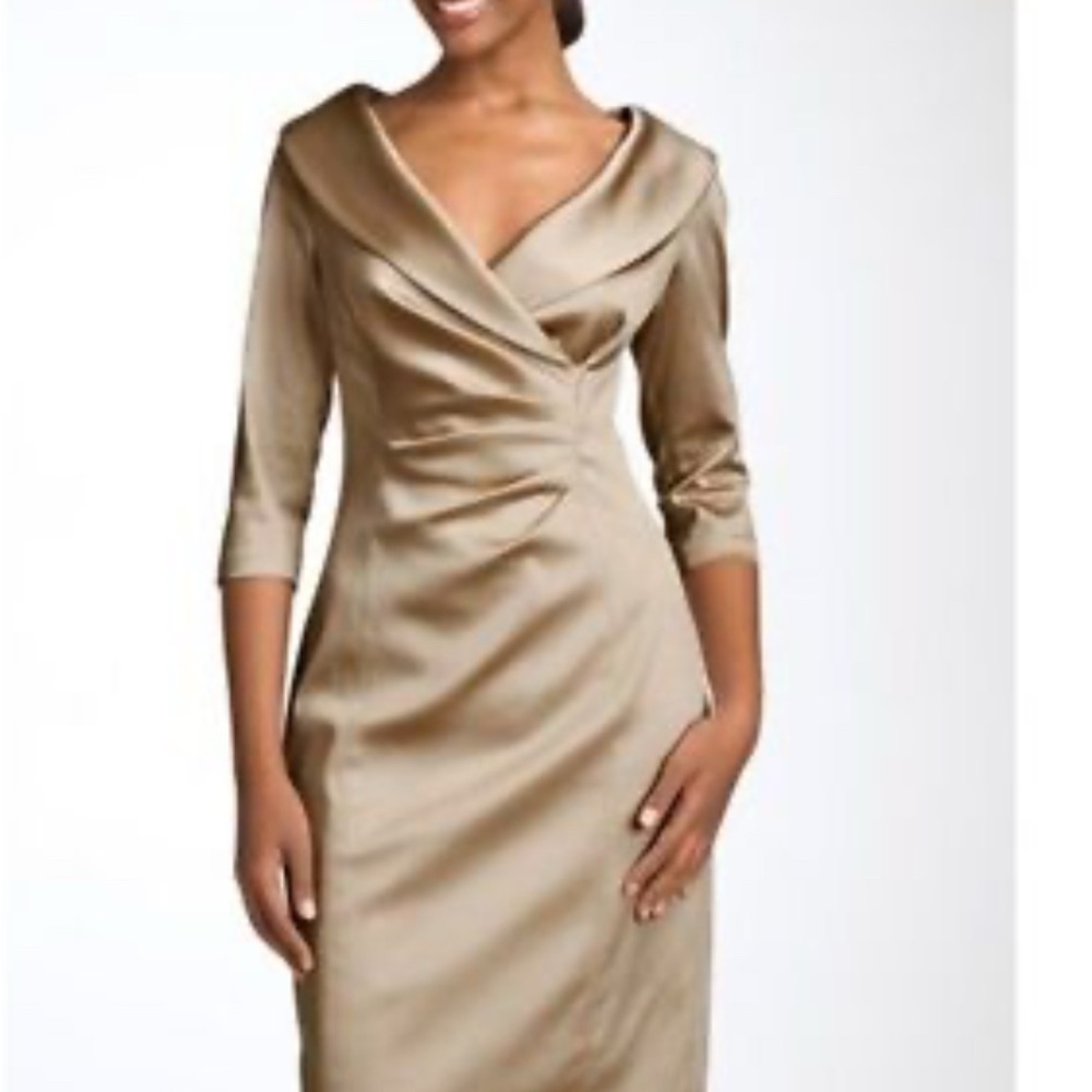Kay Unger Gold Ruched Wrap Dress with Cowl Neck